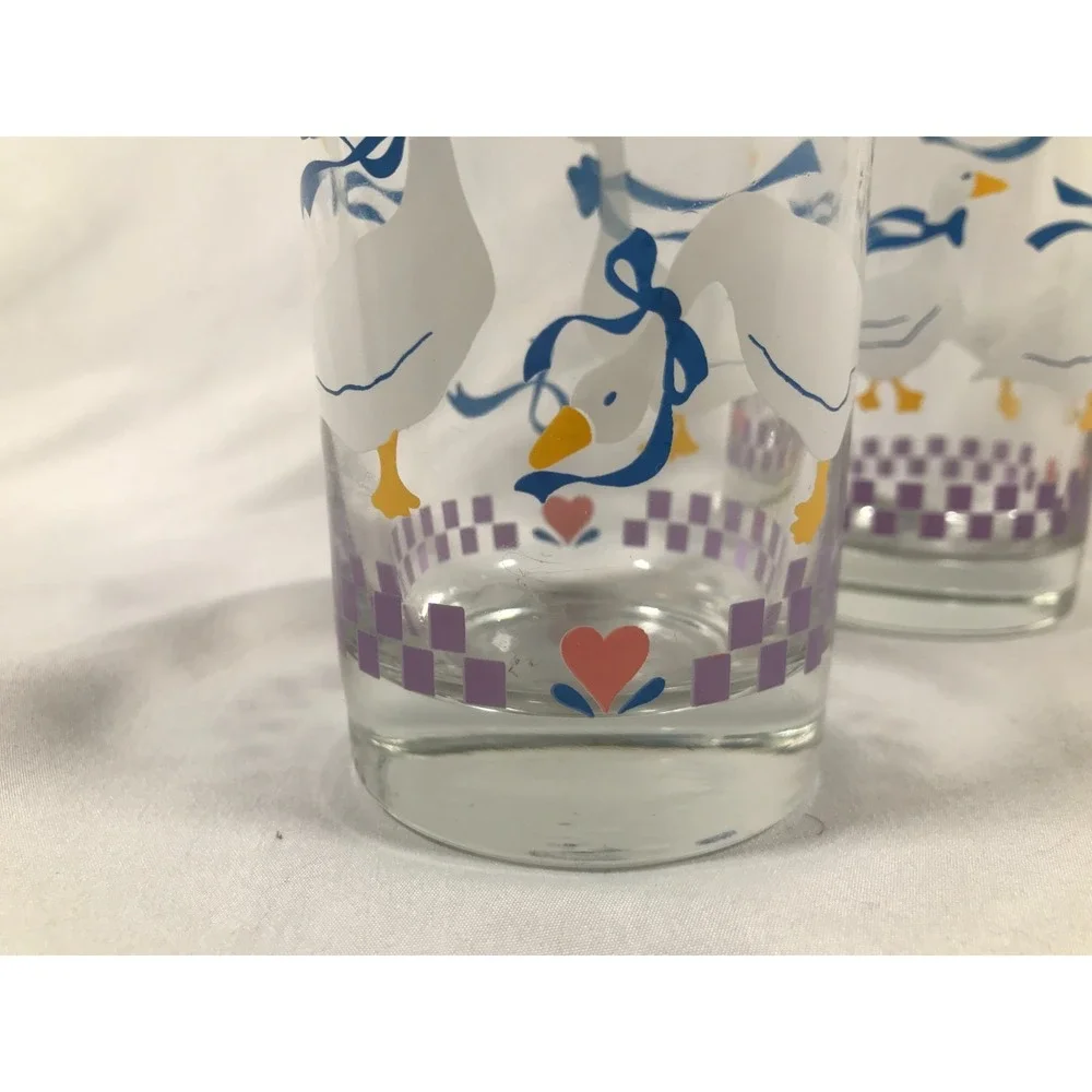 Vintage 80s Country Goose Drinking Glasses White Blue Ribbon Hearts Set of 2